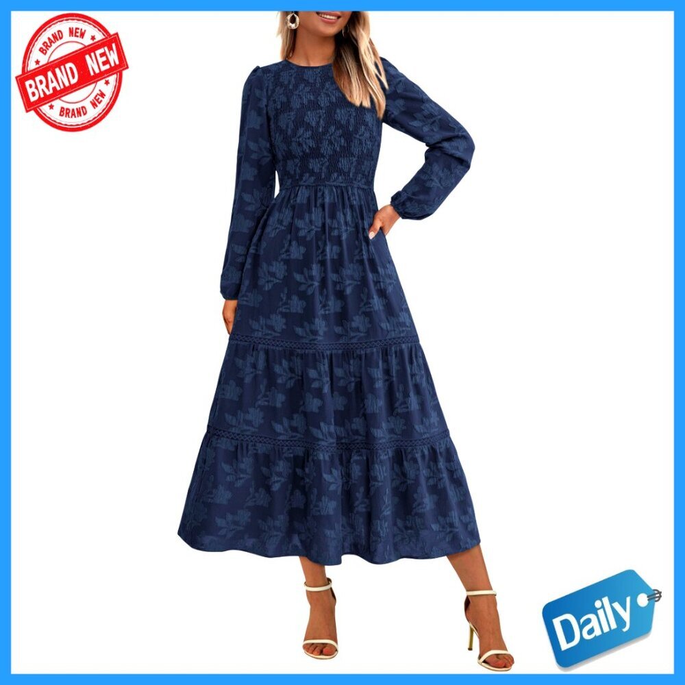 Long Sleeve Smocked Midi Dress Elegant Boho Flowy Wedding Guest Fall